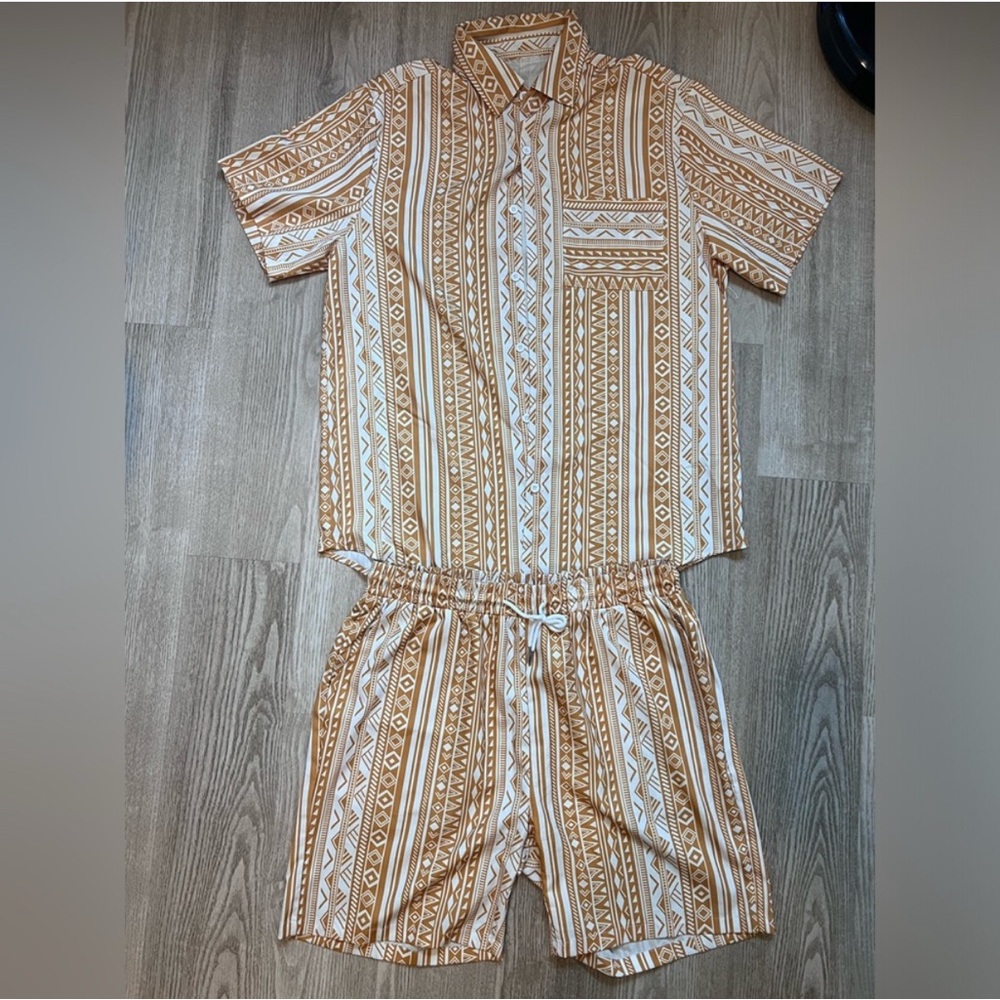 Men yellow pattern pants and shorts set